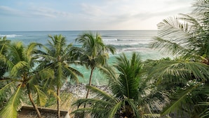 A coastal view with palm trees and ocean waves. - Villa Reef Talpe (Unawatuna)