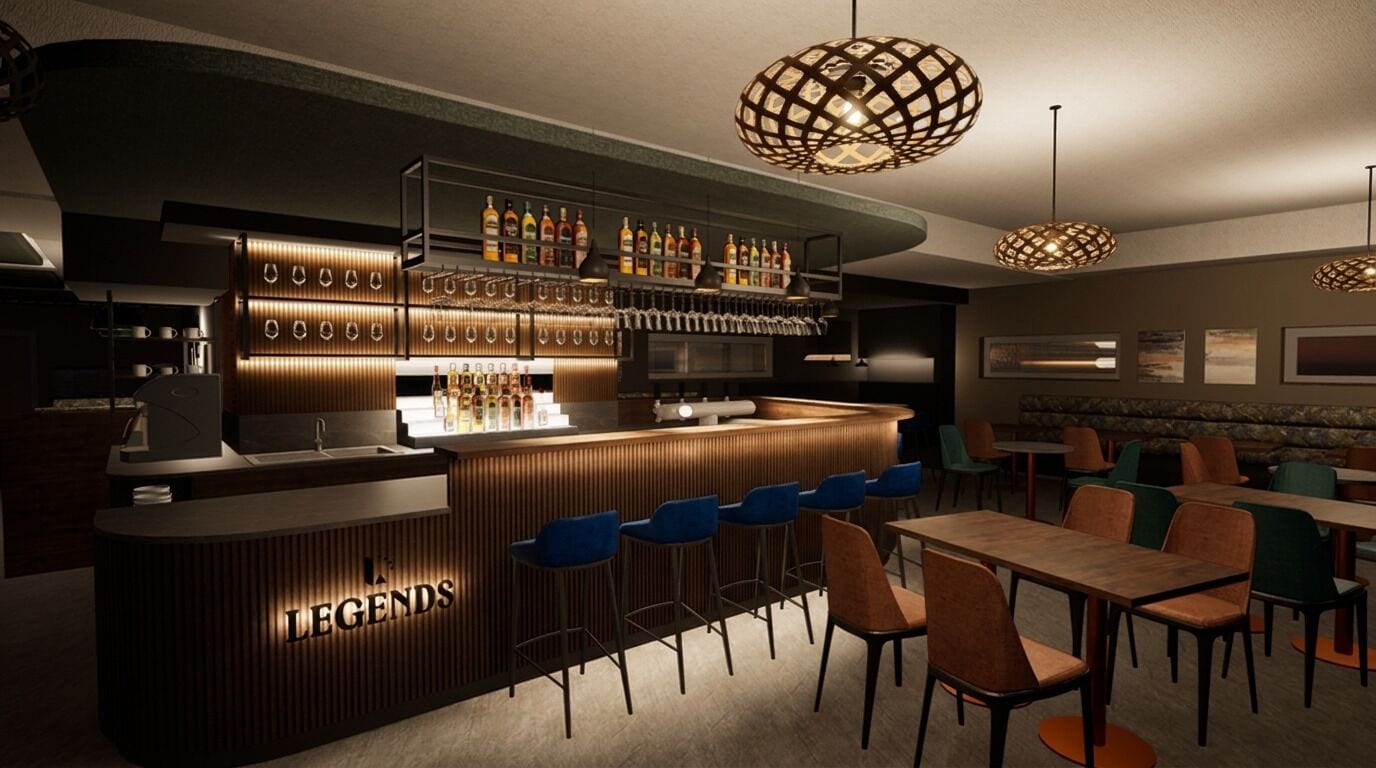 A bar area with a counter, bar stools, and a seating area with tables and chairs.
