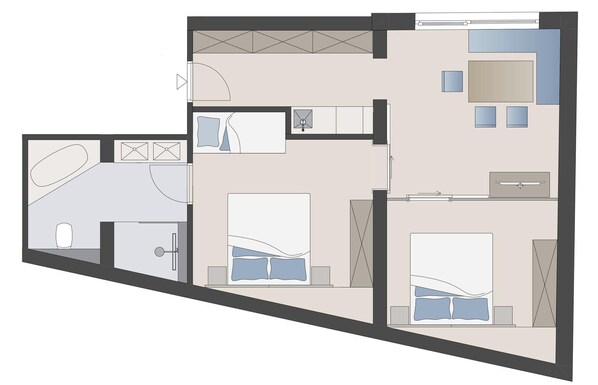 A floor plan with a bedroom, bathroom, and a small kitchenette. - Hotel Lasalt - Legends of Ischgl (Ischgl)