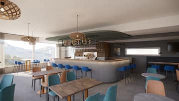 A modern bar area with seating and a bar counter, large windows, and a view of the outdoors.