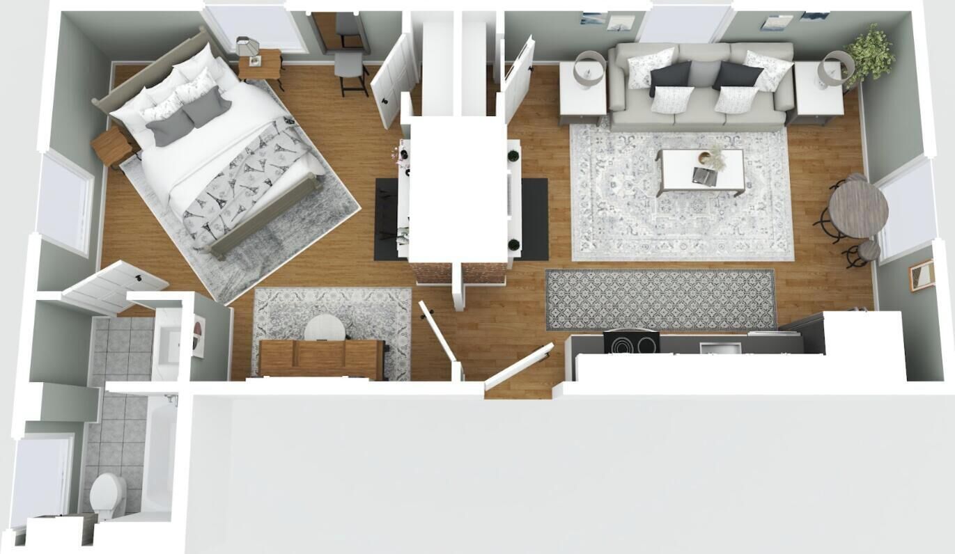 A 2-bedroom apartment layout with a living room, dining area, kitchen, and separate bedrooms.