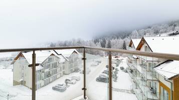 Complejo de edificios cubierto de nieve con varias construcciones, un estacionamiento y una vista de zona boscosa al fondo.