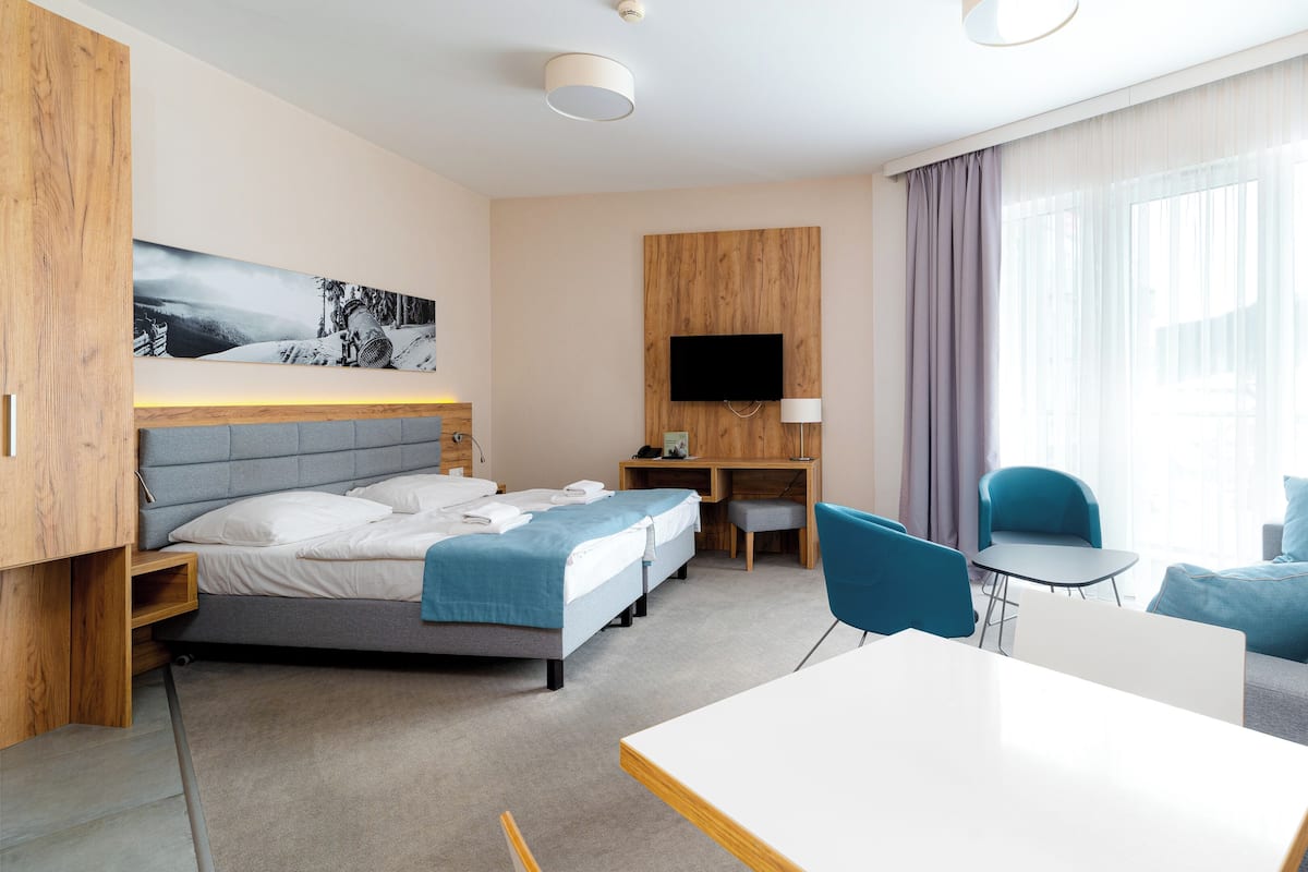 Una habitación de hotel con cama, escritorio, televisor, sofá y una mesita.