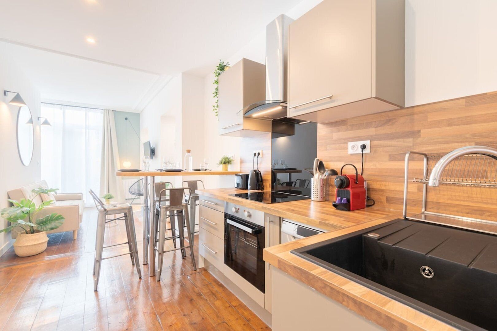 Fridge, oven, dishwasher, coffee/tea maker