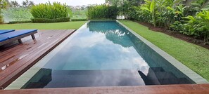 A rectangular swimming pool with a wooden deck and a blue bench. - Villa Nesara (Munggu)