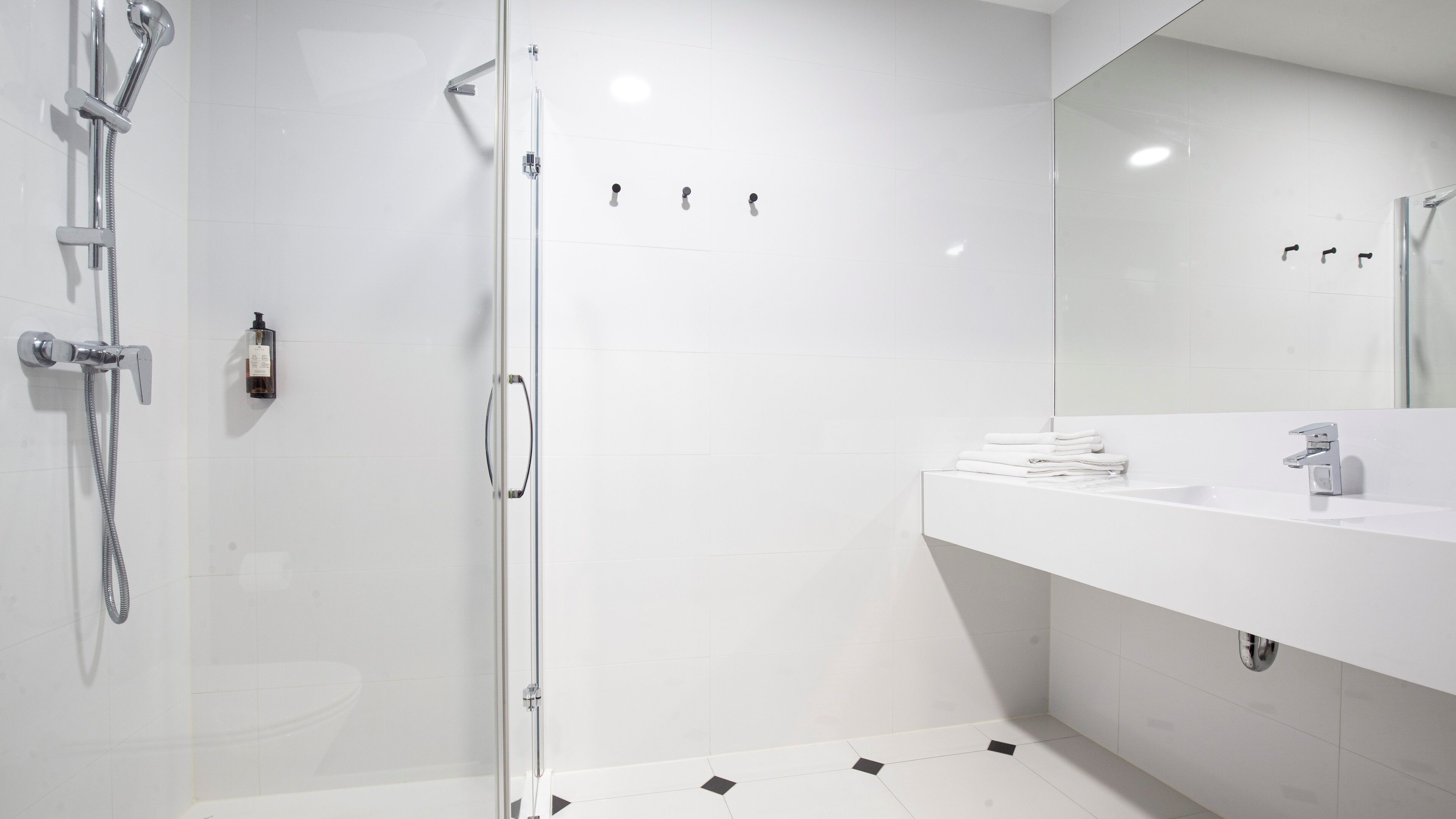 A modern bathroom with a glass shower enclosure, a white sink, and a large mirror.