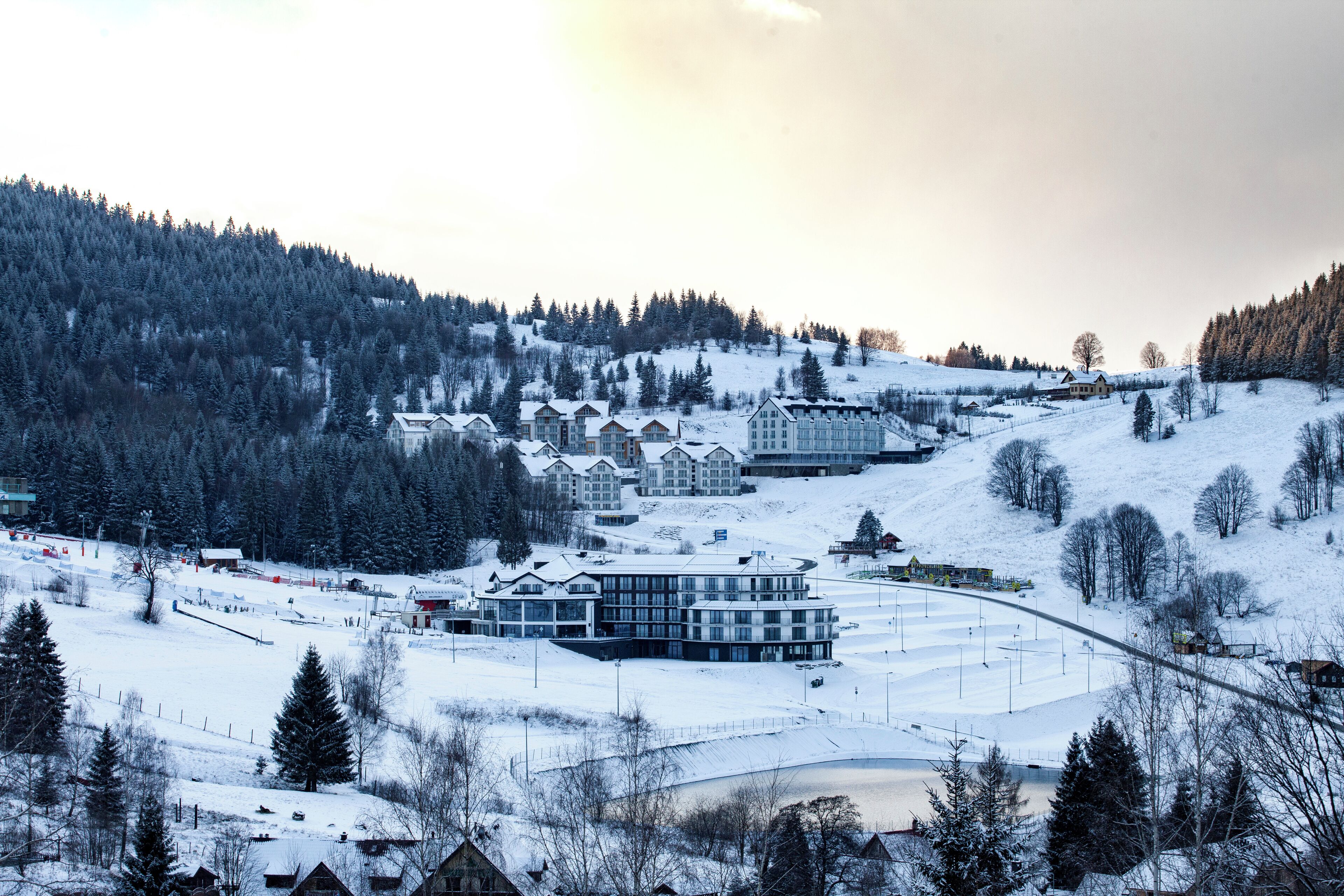 A snow-covered ski resort with multiple buildings, including a large lodge and smaller cabins, surrounded by trees and a ski slope.