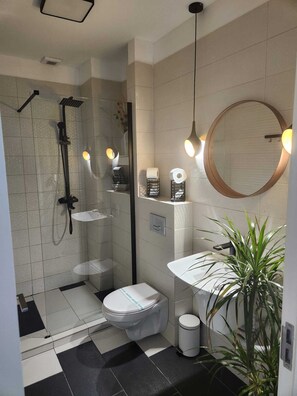 Une salle de bain moderne dotée d’une douche à parois de verre, de toilettes, d’un lavabo et d’un miroir.