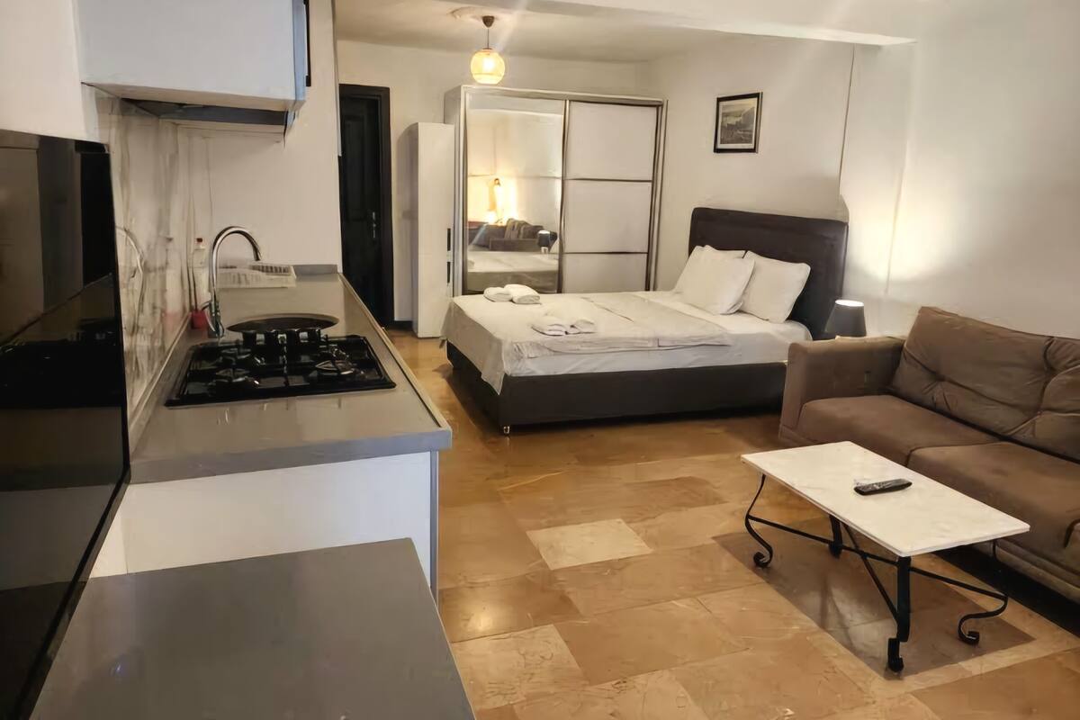 A compact living space with a kitchenette, a bed, a sofa, and a small table.
