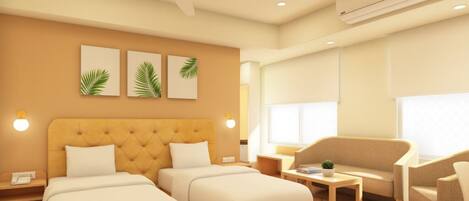 Habitación de hotel con una cama grande, dos mesitas de noche, un sofá, una pequeña mesa con una planta y un ventilador de techo.