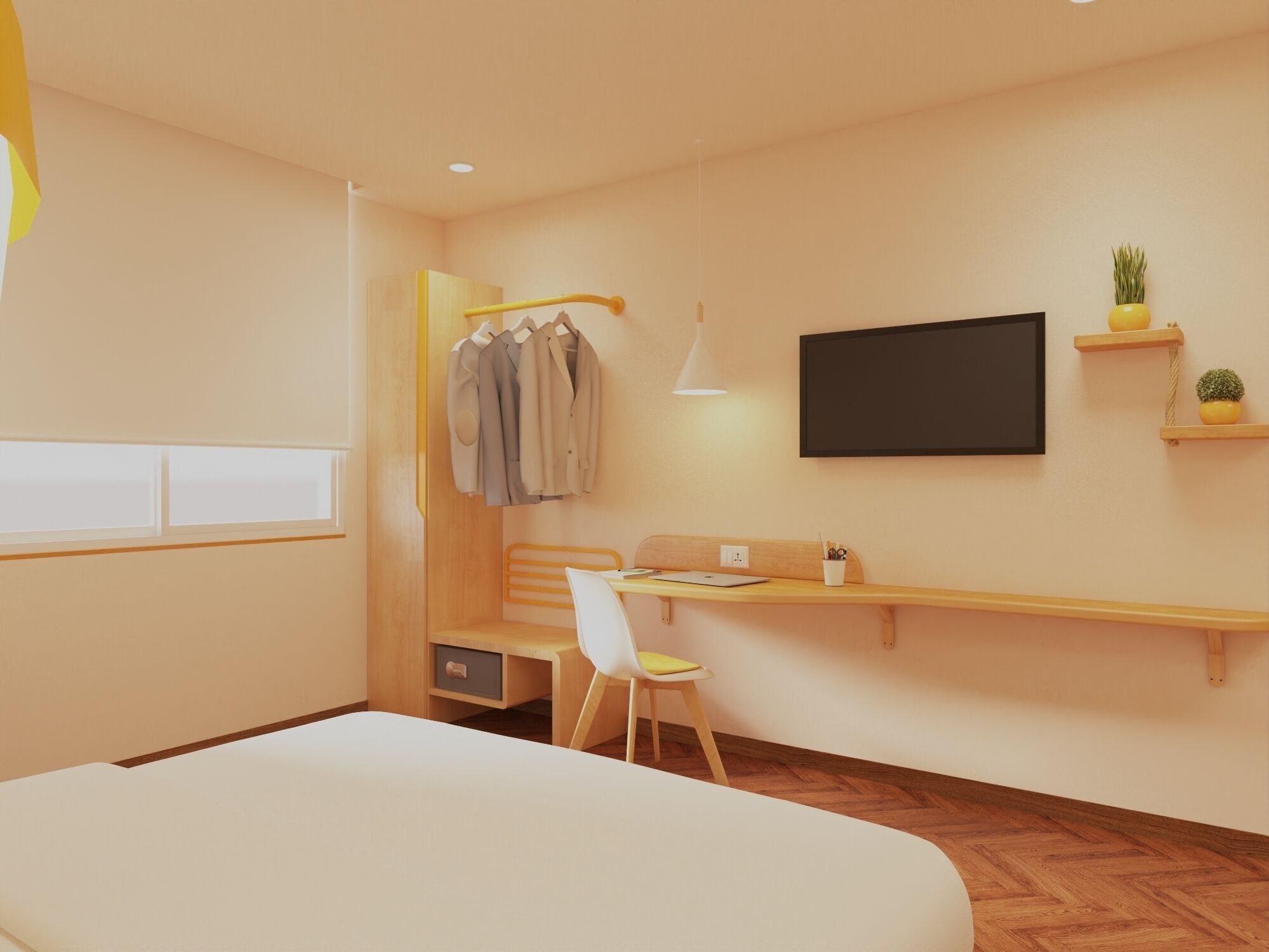 A modern bedroom with a bed, a desk, a chair, a TV, and a wardrobe.