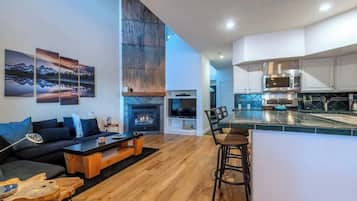 Smart TV, fireplace, books