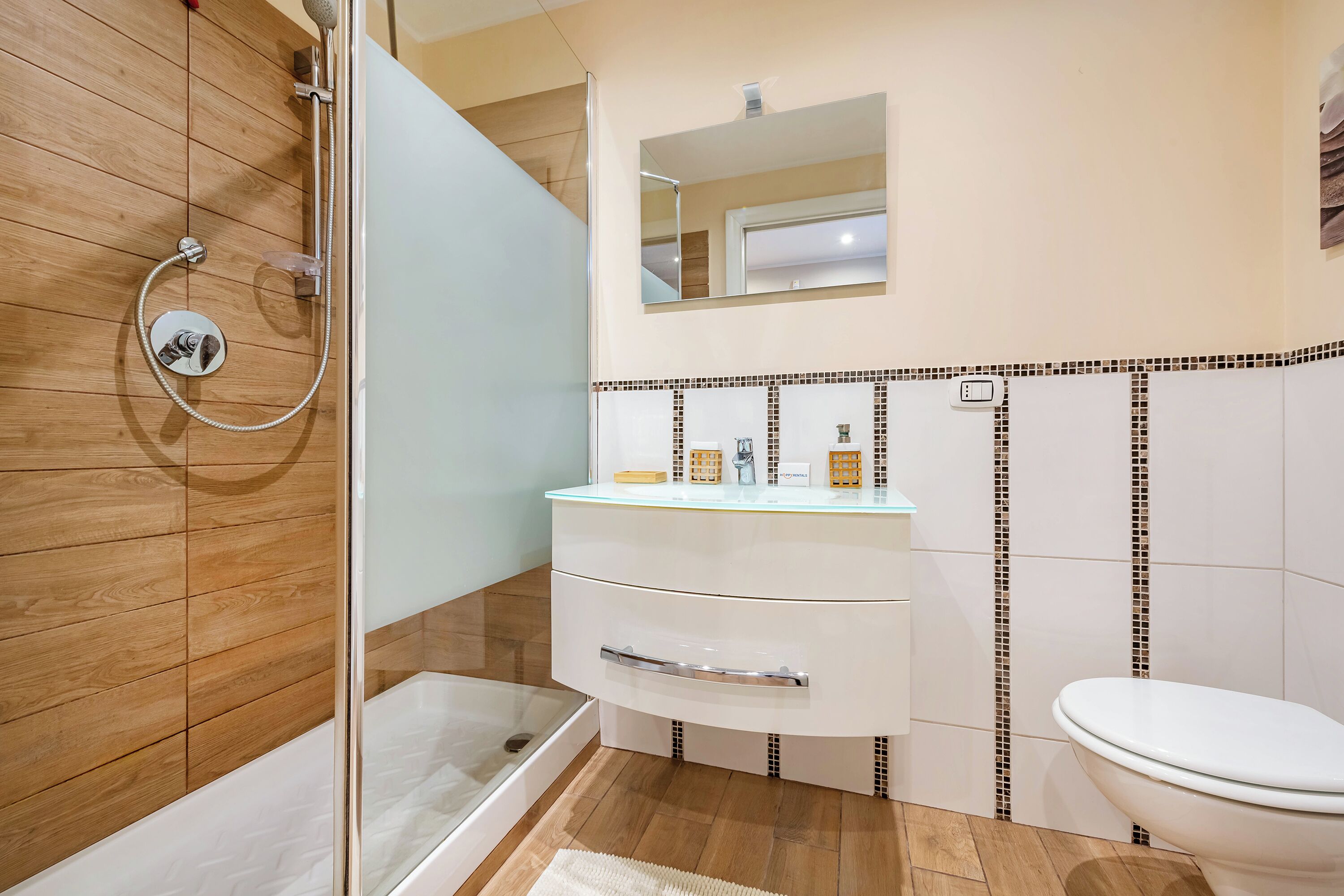 Shower, hair dryer, bidet, towels