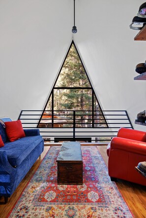 TV, fireplace, books