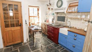 Fridge, electric kettle, toaster, cookware/dishes/utensils