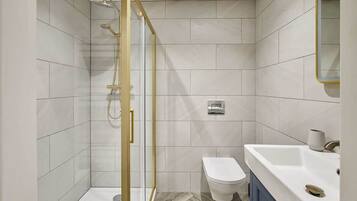 Shower, hair dryer, towels, shampoo