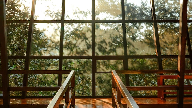 Eine Holzterrasse mit Geländern, die zu einem großen Fenster mit Blick auf Bäume führt.