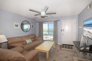 Comfort Condo, 2 Bedrooms, Non Smoking, Beach View | Living room | 42-inch flat-screen TV with satellite channels - Aqua Villa 104 (Fort Walton Beach)