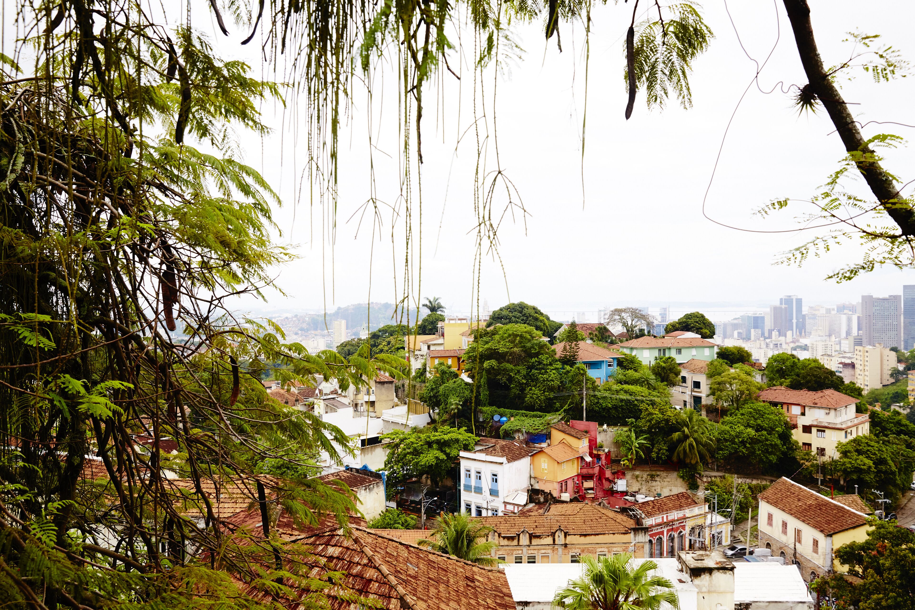 A densely built urban area with a mix of residential and commercial buildings, surrounded by lush greenery and trees.
