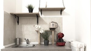 A kitchen with a sink, a kettle, a red appliance, and a potted plant. - A room close to Colosseum (Roma)