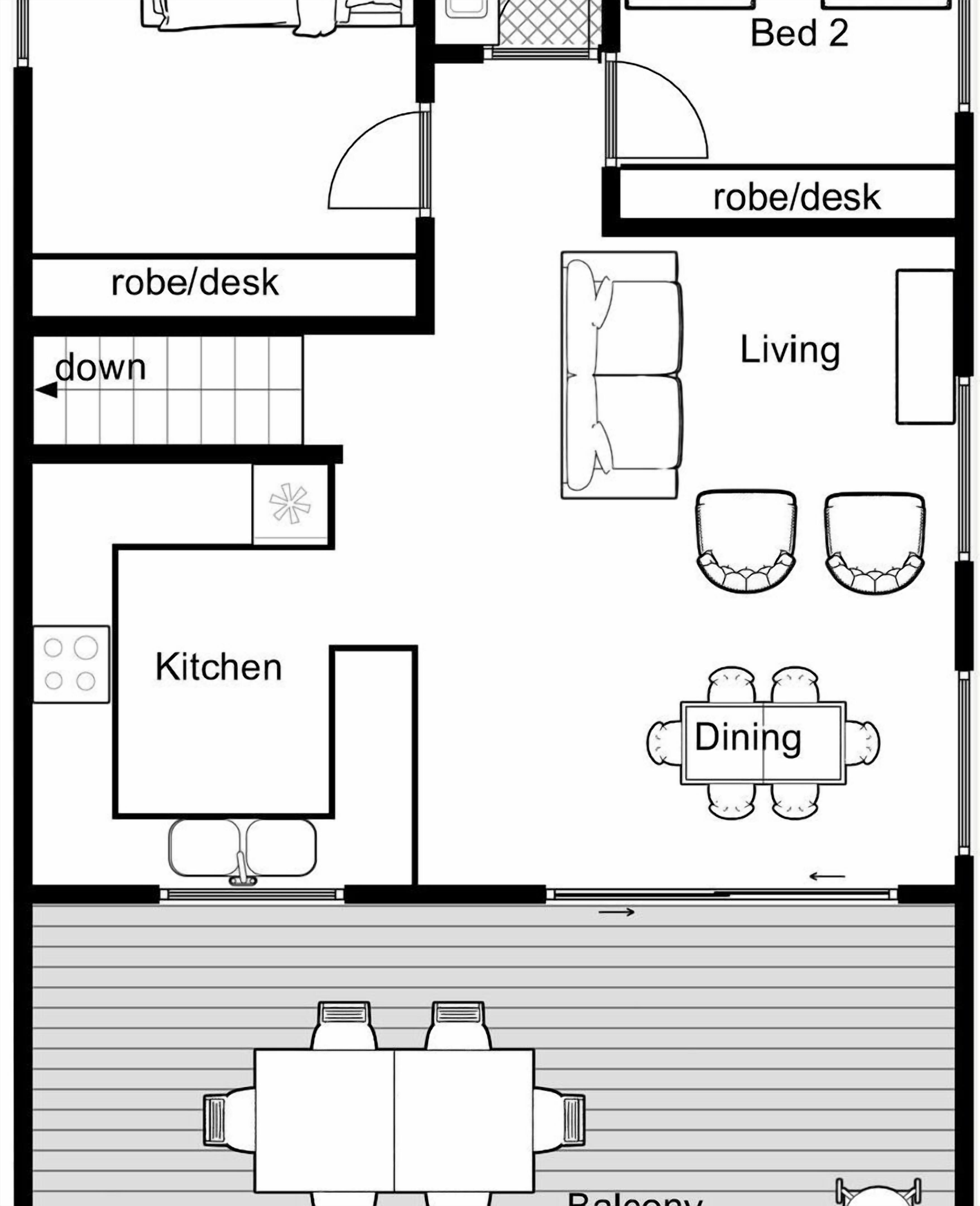 Un plan d’étage comprenant une cuisine, un coin repas, deux chambres et un salon.