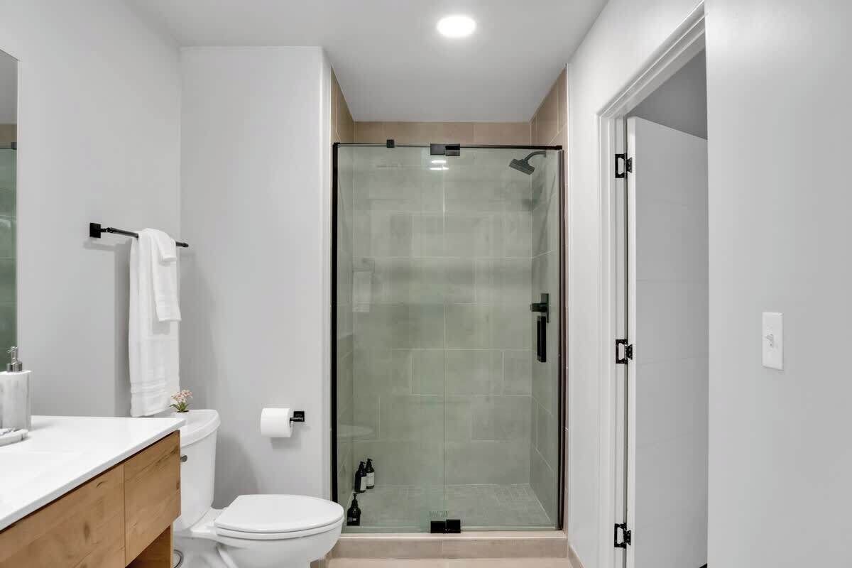 Shower, hair dryer, shampoo