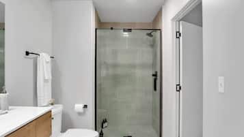 Shower, hair dryer, shampoo