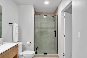 Shower, hair dryer, shampoo