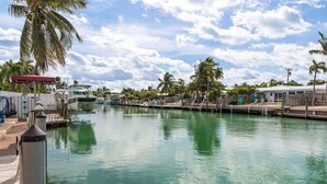 Un puerto deportivo con barcos amarrados, un muelle de madera y palmeras.