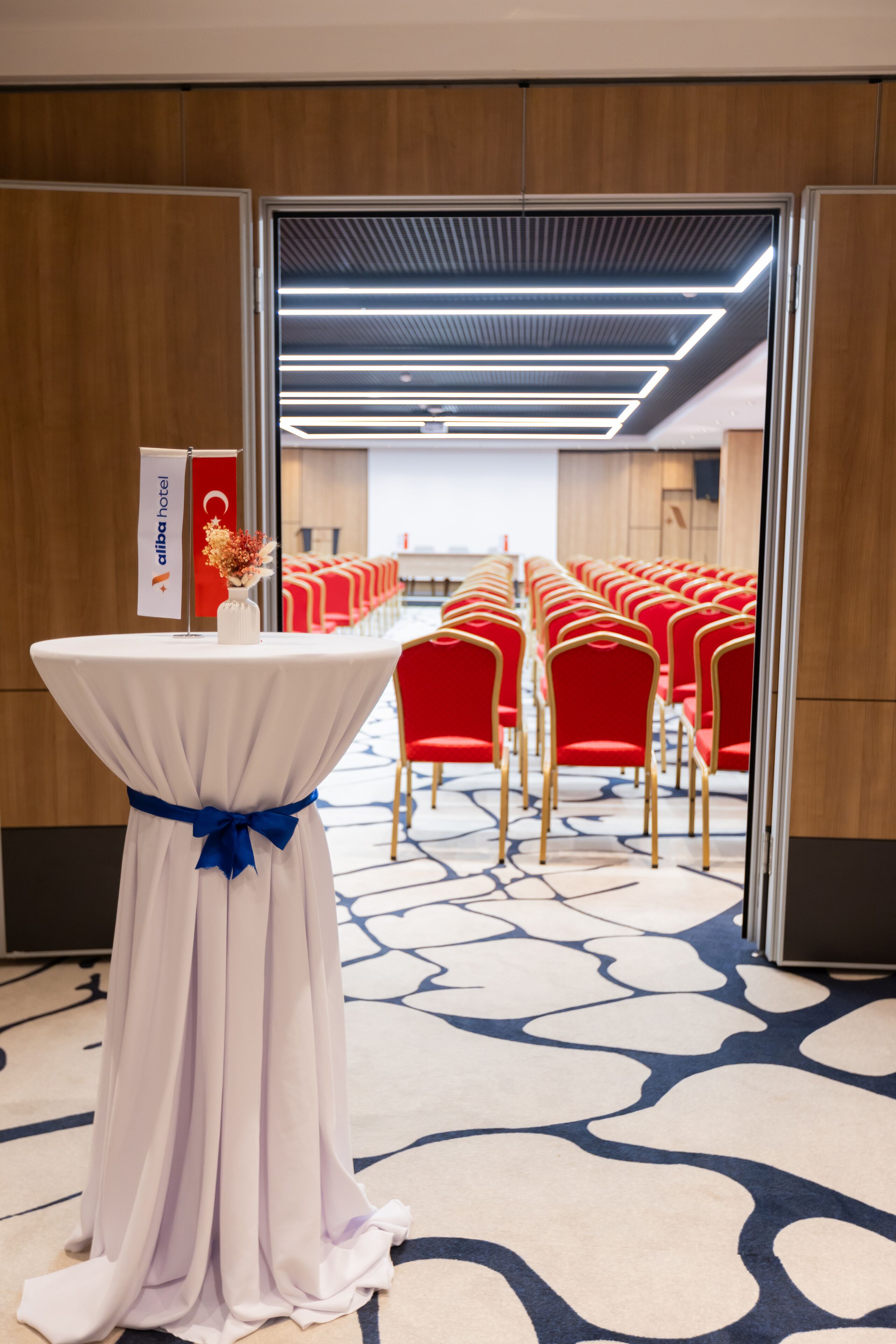 A conference room with a white table, blue ribbon, and a flag. Red chairs are arranged in rows.