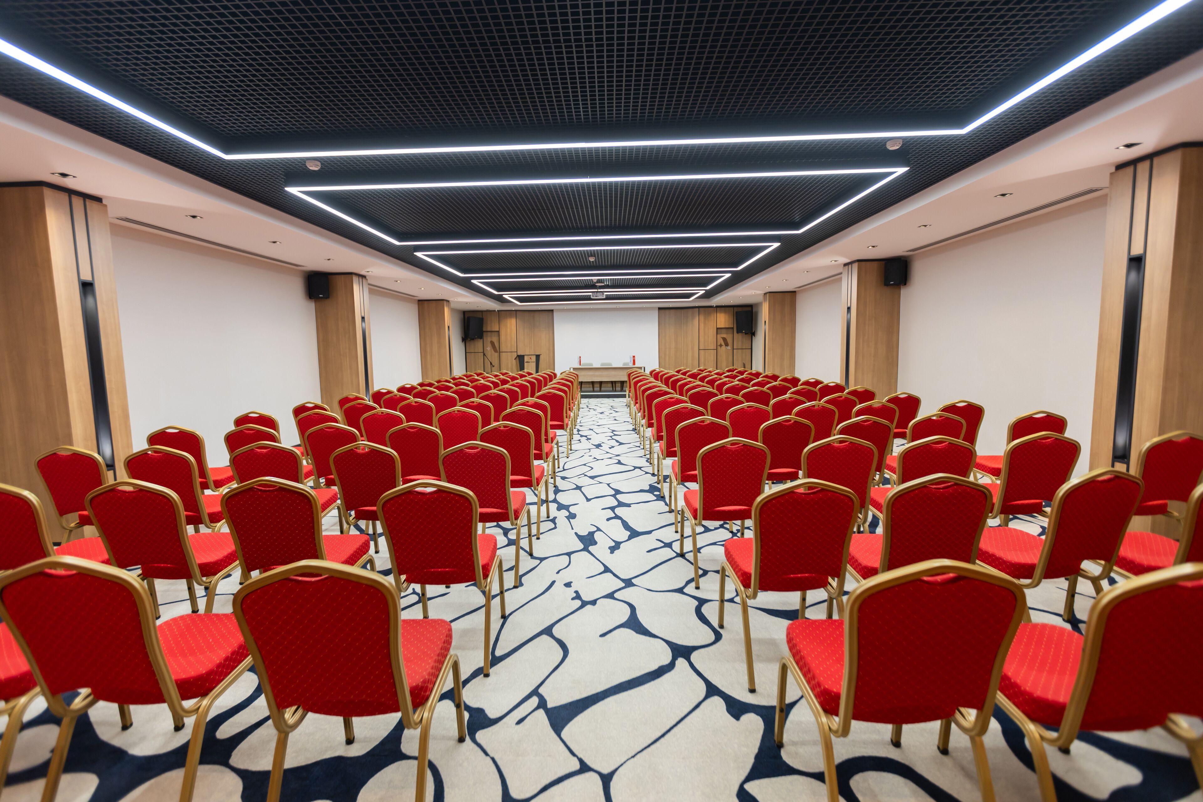 Ein Konferenzraum mit roten Stuhlreihen und einem gemusterten Teppich.