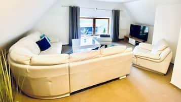 TV, fireplace, books, stereo