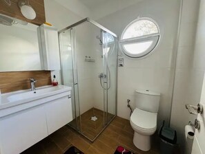 Shower, towels, soap, toilet paper