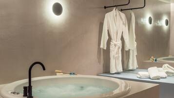 Shower, jetted tub, hair dryer, towels