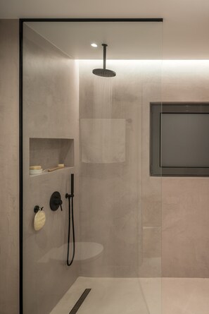 Ducha, bañera de hidromasaje, secador de pelo, toallas