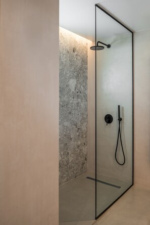 Douche, baignoire à jets, sèche-cheveux, serviettes fournies