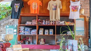 Um hostel com um balcão de madeira exibindo diversos itens, incluindo um quadro de cardápio, uma máquina de café e uma variedade de lembranças.