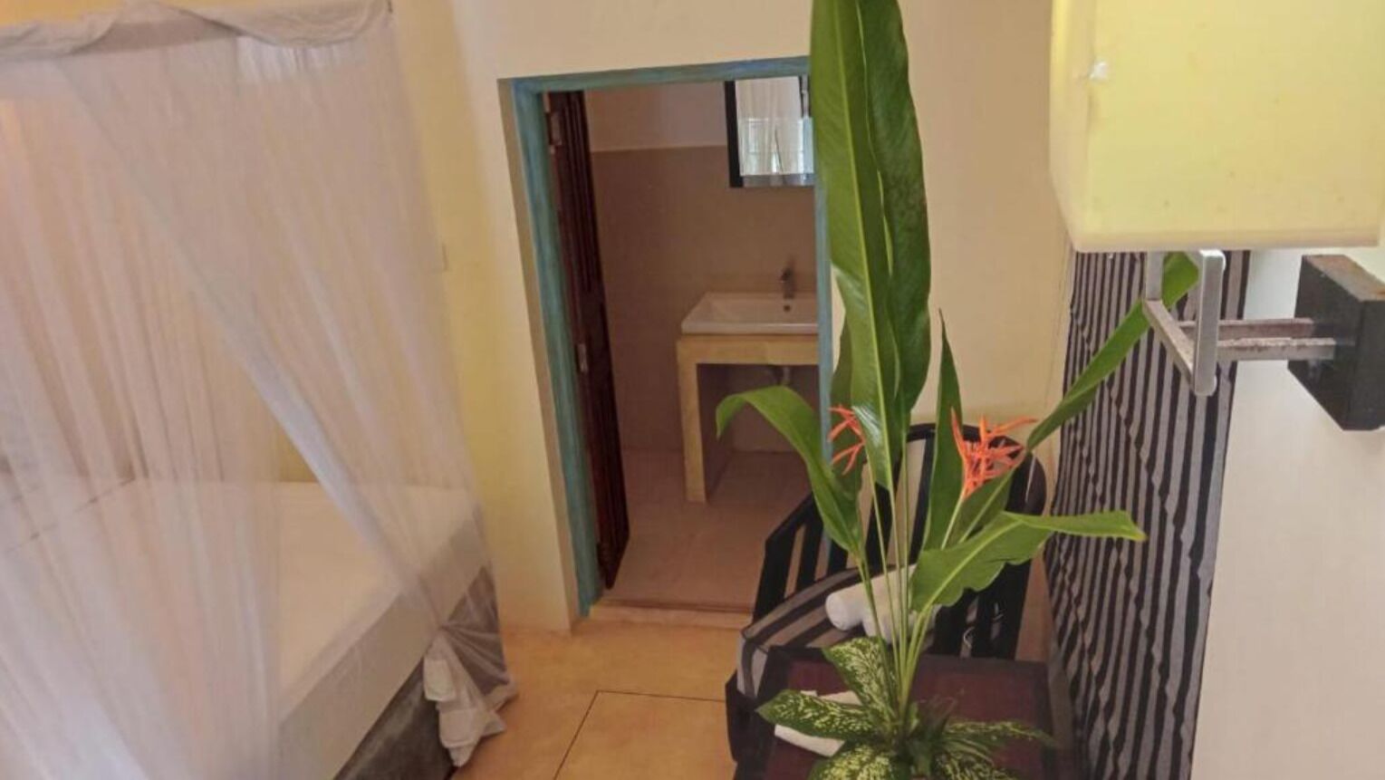 Um corredor estreito que leva a um quarto com uma cama e uma pequena mesa com uma planta.