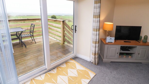 A room with a sliding glass door leading to a deck, a television on a wooden stand, and a small cabinet with plants. - Henhill Lodge (Chathill)
