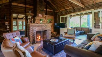 Smart TV, fireplace, books, stereo