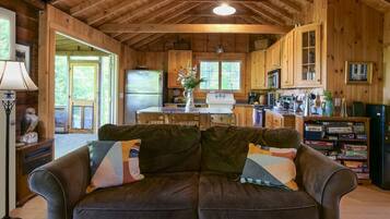 Smart TV, fireplace, books, stereo