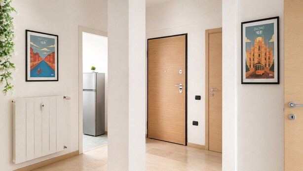 A hallway with a radiator, a door, and a framed picture on the wall.