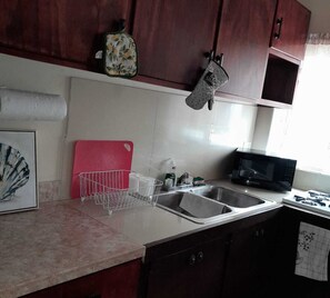 Fridge, microwave, stovetop, electric kettle