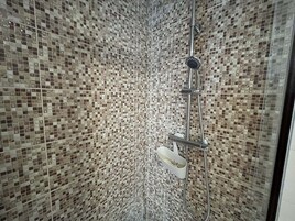 Ducha, cabezal de ducha tipo lluvia, secador de pelo, toallas