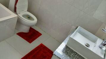 Hair dryer, towels, soap, toilet paper