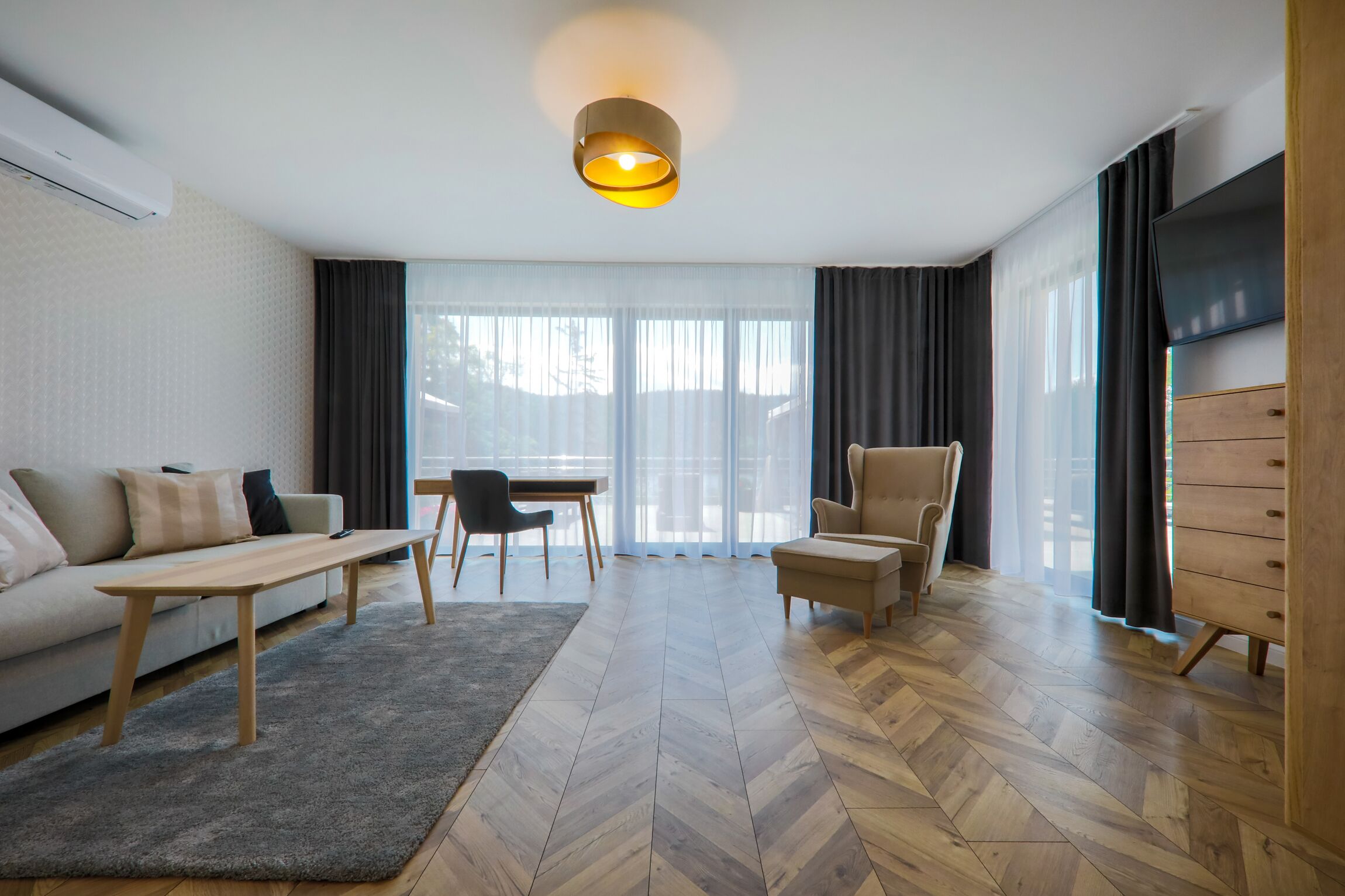 Apartment | Desk, laptop workspace, blackout drapes, iron/ironing board