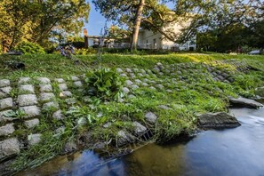Un jardin agrémenté d’un ruisseau, d’un dallage en pierre et d’une végétation luxuriante.