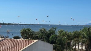 A coastal view with a clear sky, numerous kites, and palm trees. - Stagnone Wine House (Marsala)