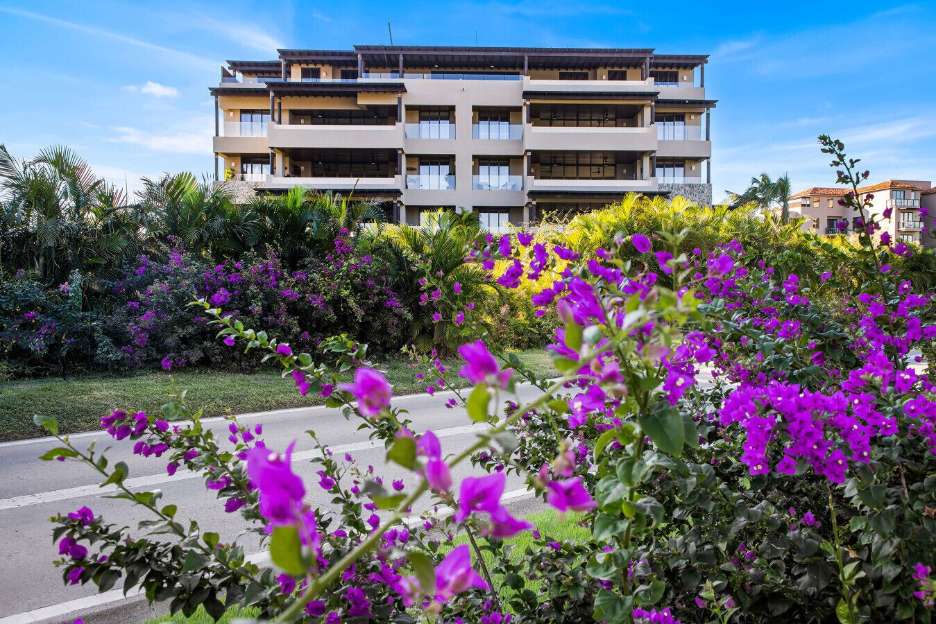 A multi-story hotel with balconies, surrounded by lush greenery and vibrant purple flowers.
