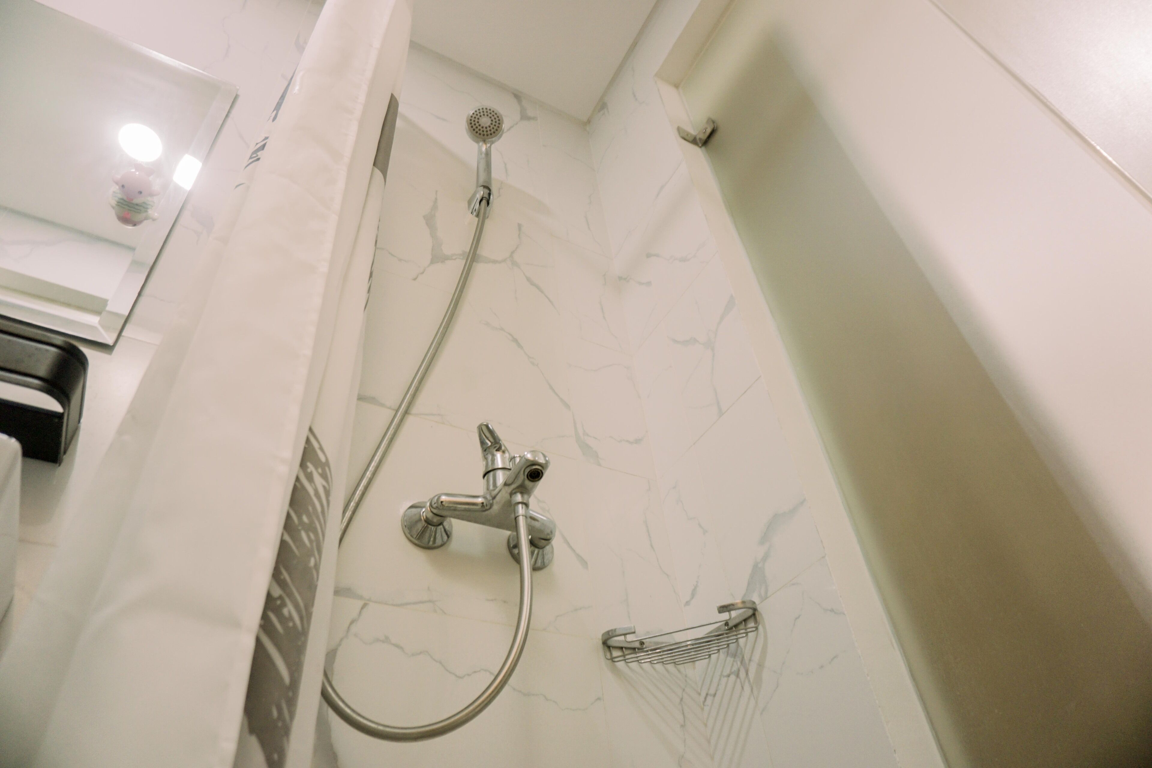 Une salle de bain avec une douche, des toilettes et un miroir.